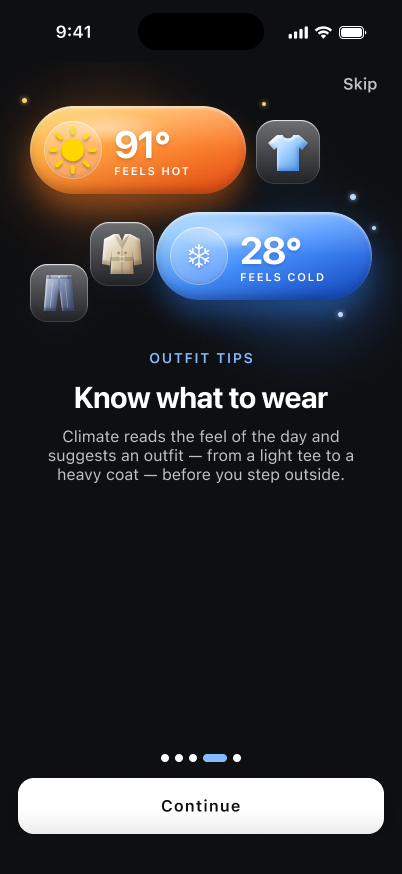 Climate dark-mode onboarding illustration for weather-aware outfit tips